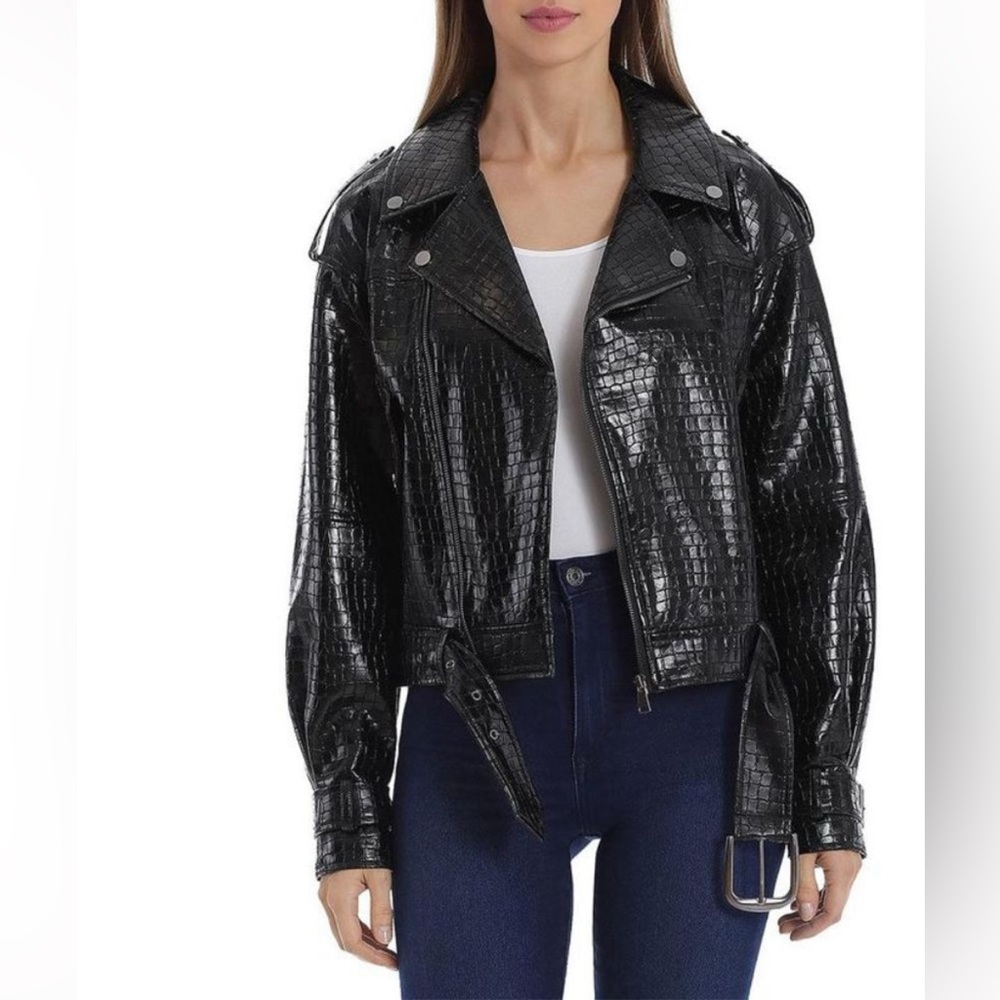 BAGATELLE.NYC Womens Black Faux Croc Short Motorcycle Jacket Coat Size Small NWT